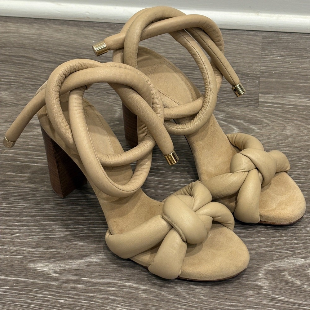 Alexandre‎ Birman Puffy Knot Beige Leather Suede Block Heel Ankle Tie Sandals 7